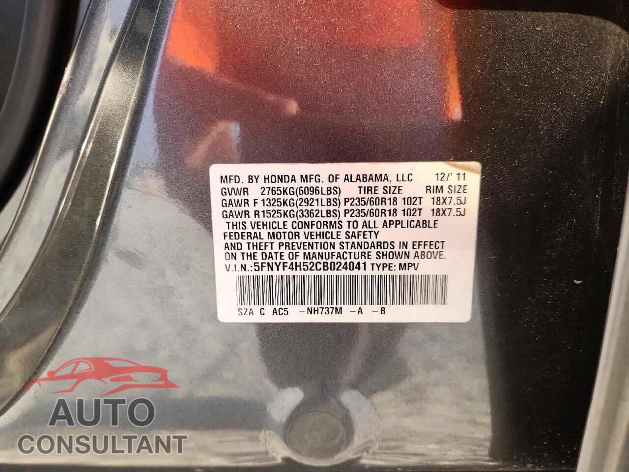 HONDA PILOT 2012 - 5FNYF4H52CB024041