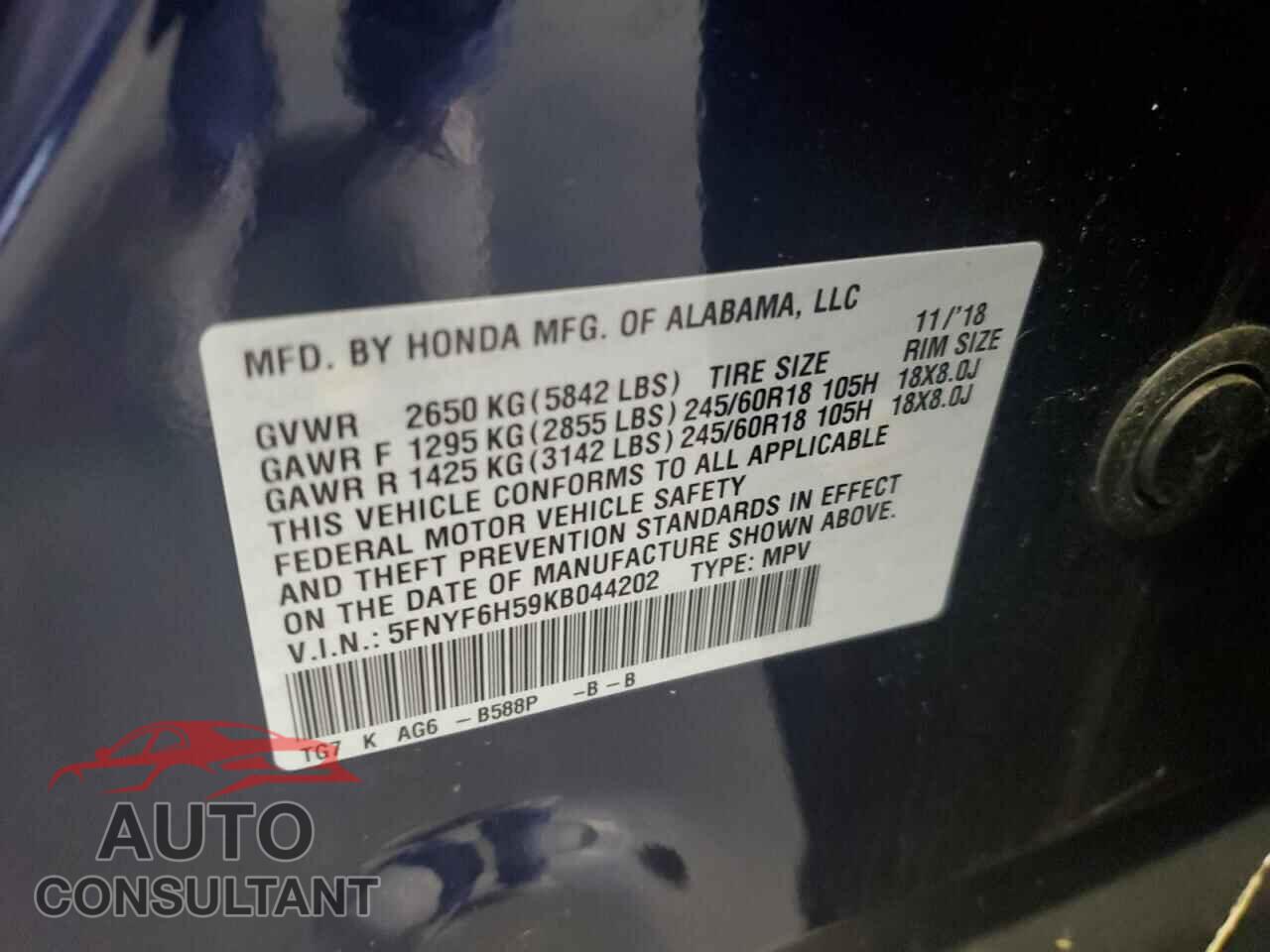 HONDA PILOT 2019 - 5FNYF6H59KB044202