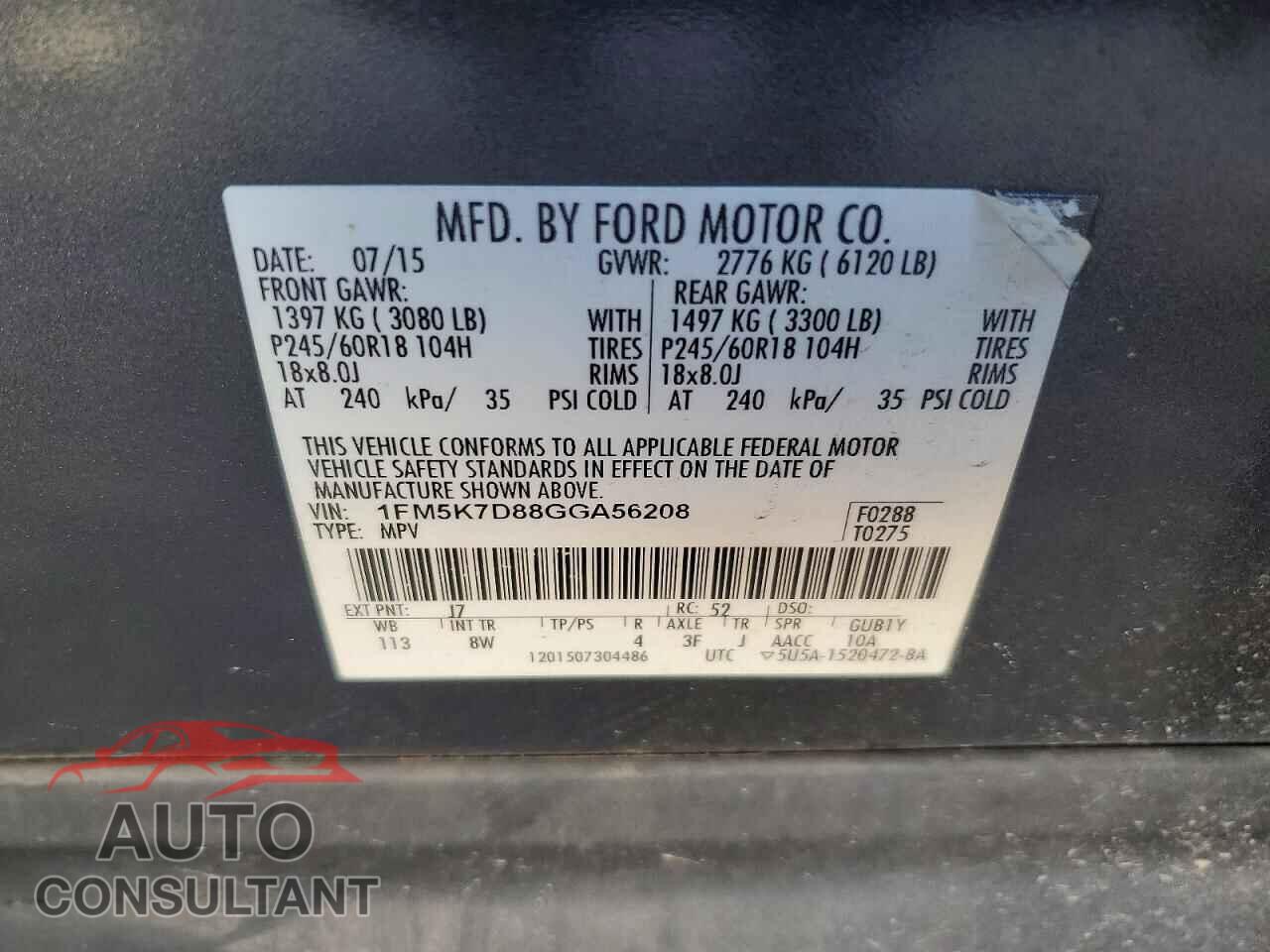 FORD EXPLORER 2016 - 1FM5K7D88GGA56208