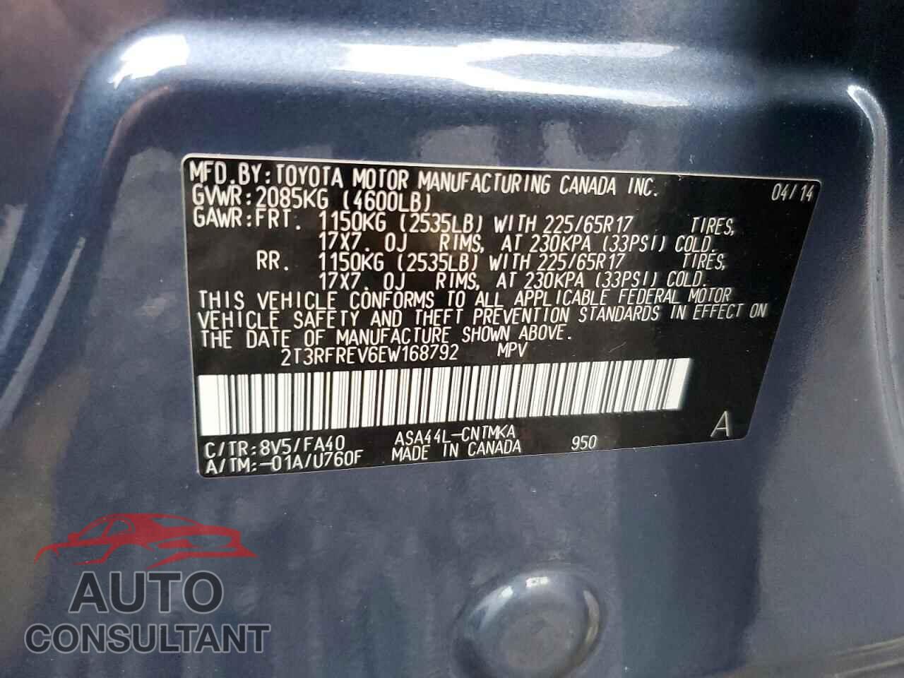 TOYOTA RAV4 2014 - 2T3RFREV6EW168792