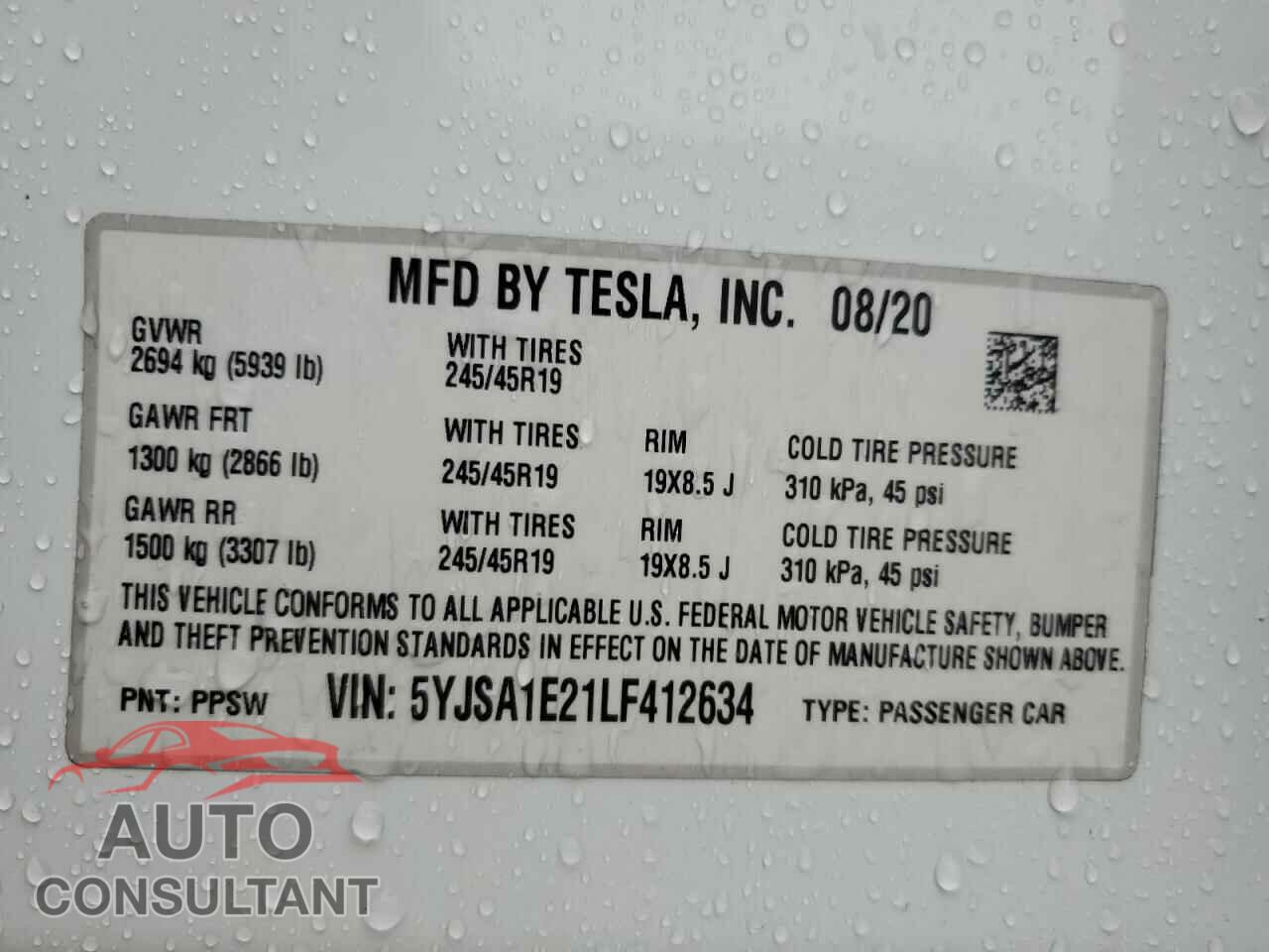 TESLA MODEL S 2020 - 5YJSA1E21LF412634