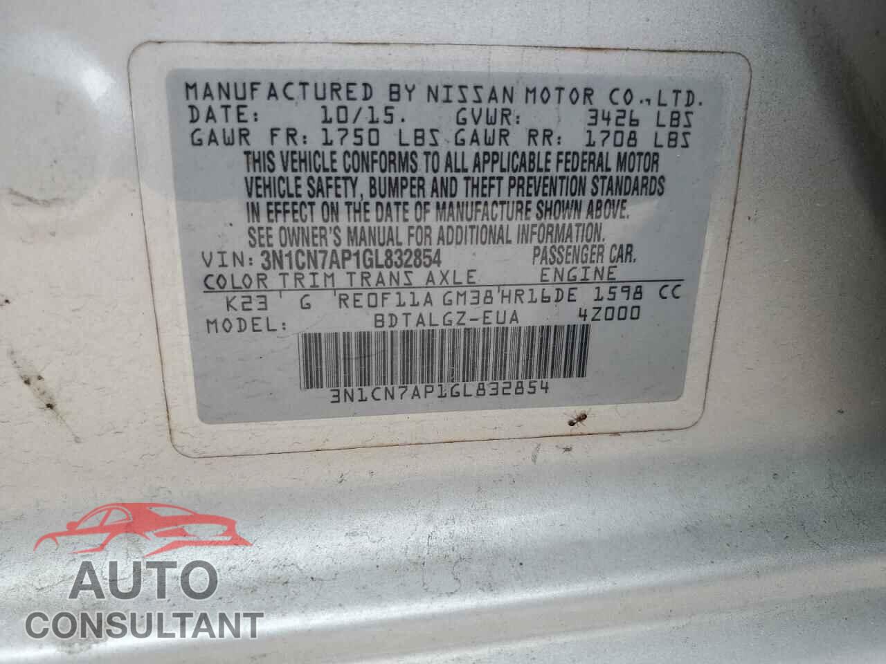 NISSAN VERSA 2016 - 3N1CN7AP1GL832854