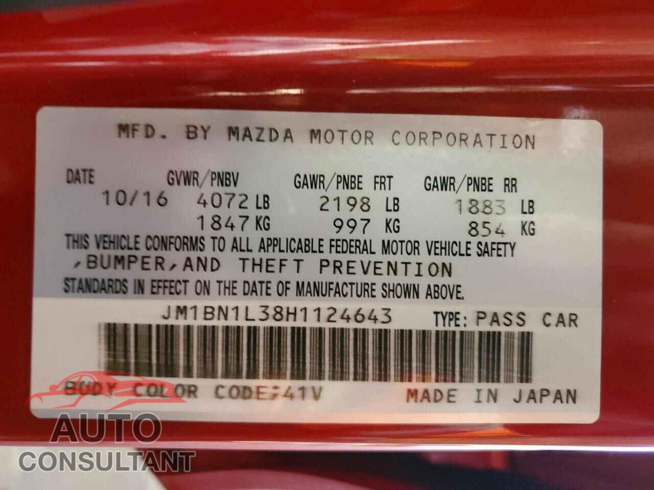 MAZDA 3 2017 - JM1BN1L38H1124643