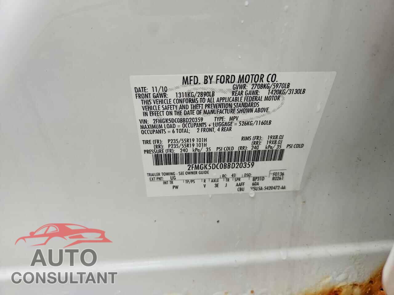 FORD FLEX 2011 - 2FMGK5DC0BBD20359