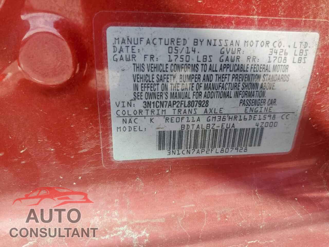 NISSAN VERSA 2015 - 3N1CN7AP2FL807928