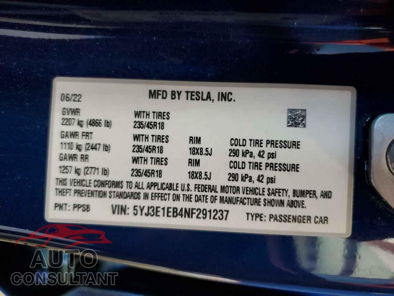 TESLA MODEL 3 2022 - 5YJ3E1EB4NF291237