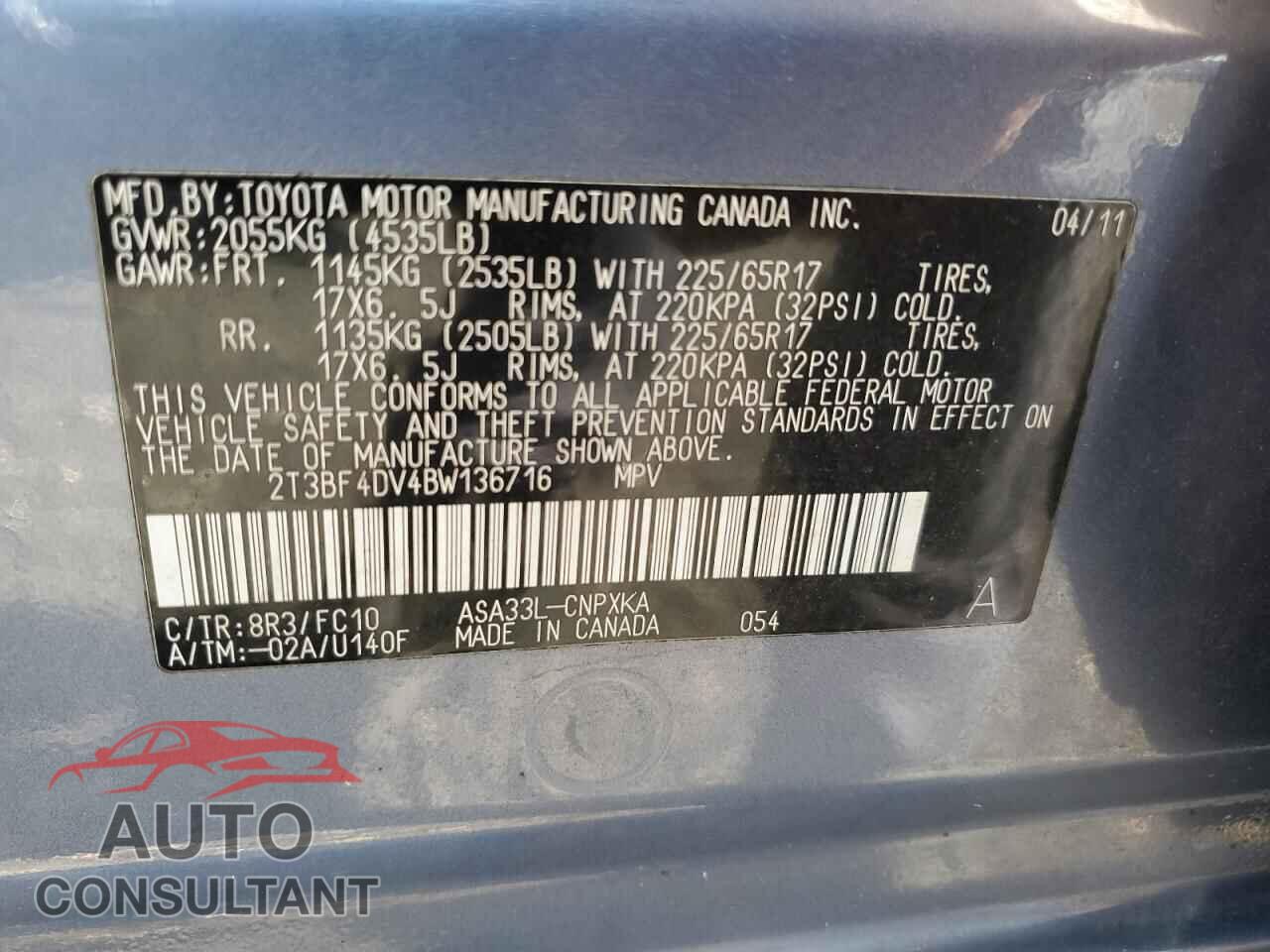 TOYOTA RAV4 2011 - 2T3BF4DV4BW136716