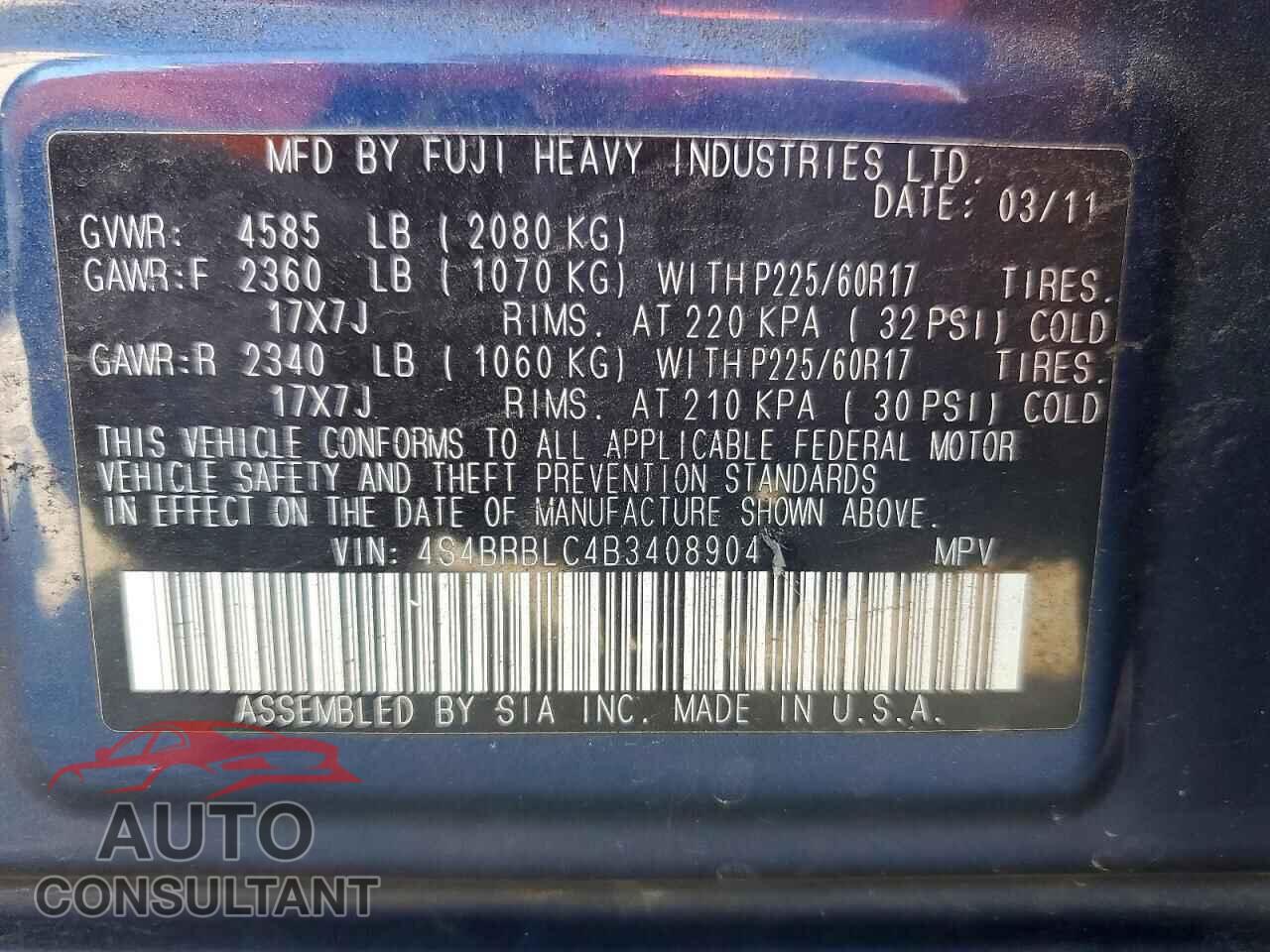 SUBARU OUTBACK 2011 - 4S4BRBLC4B3408904