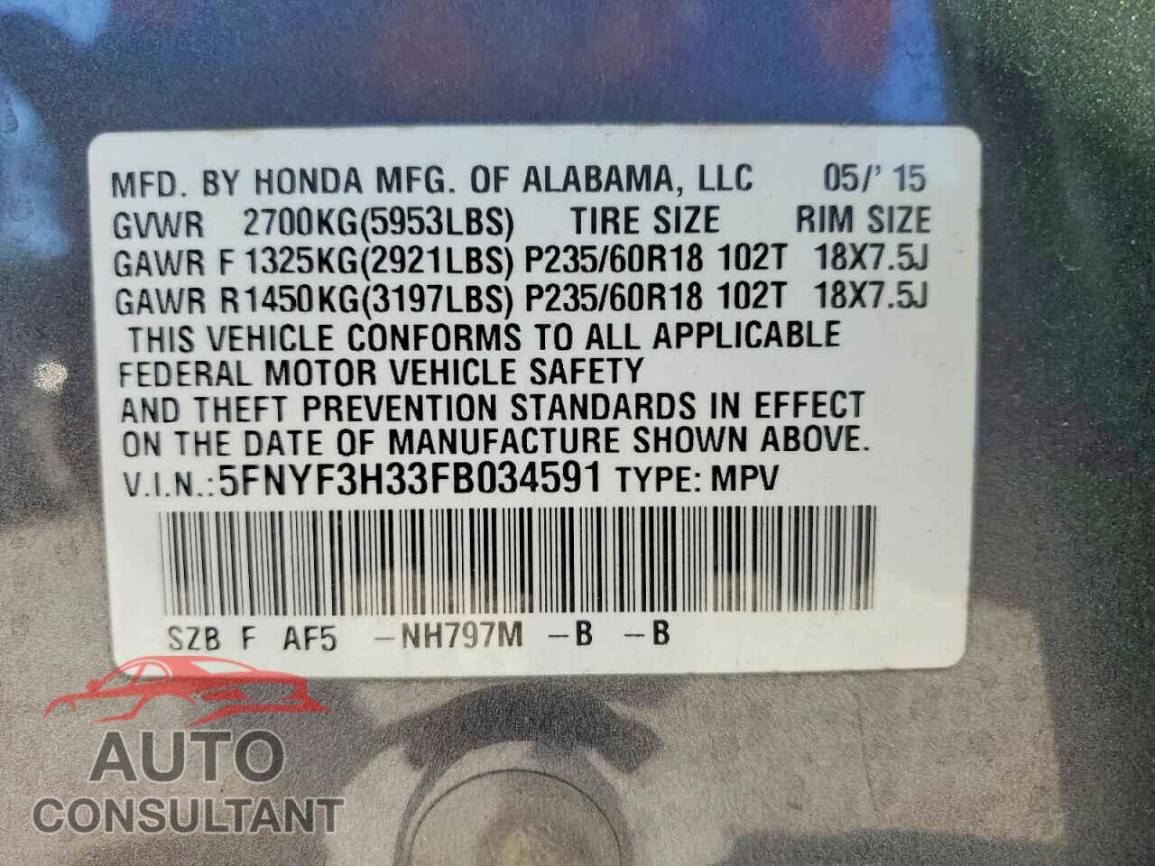 HONDA PILOT 2015 - 5FNYF3H33FB034591