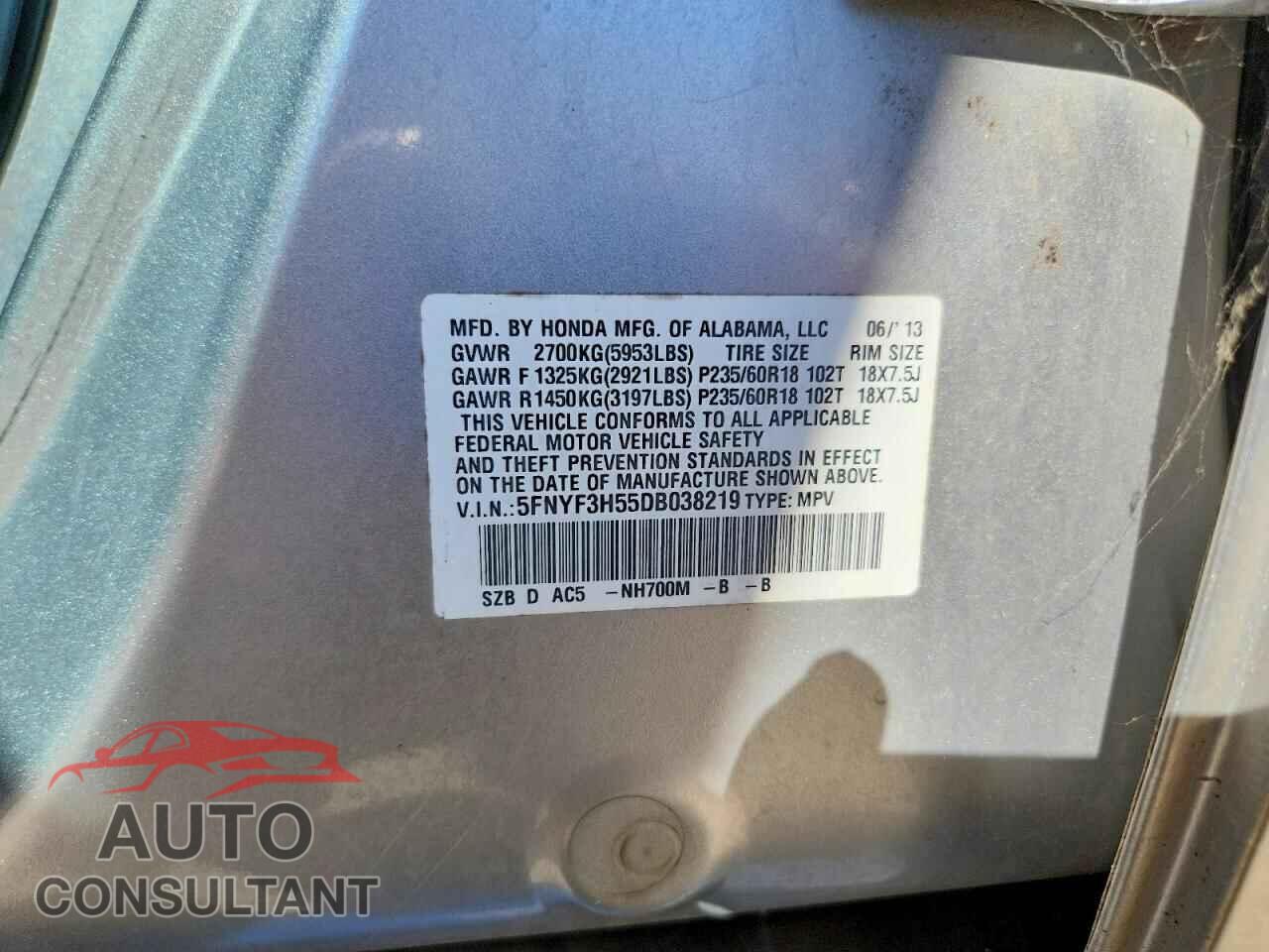 HONDA PILOT 2013 - 5FNYF3H55DB038219