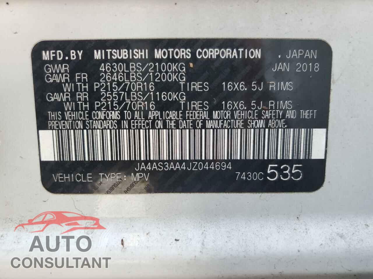 MITSUBISHI ECLIPSE 2018 - JA4AS3AA4JZ044694