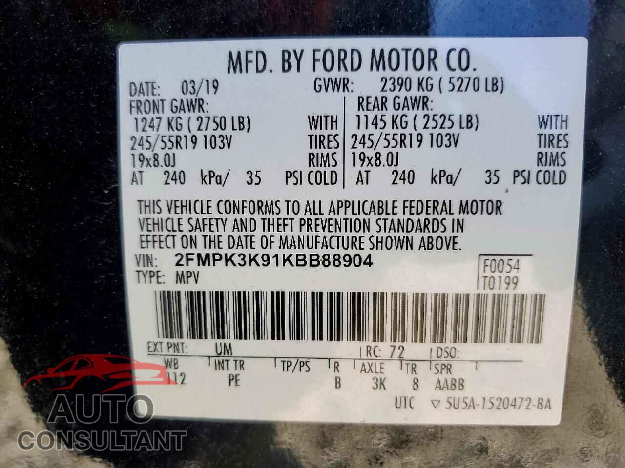 FORD EDGE 2019 - 2FMPK3K91KBB88904