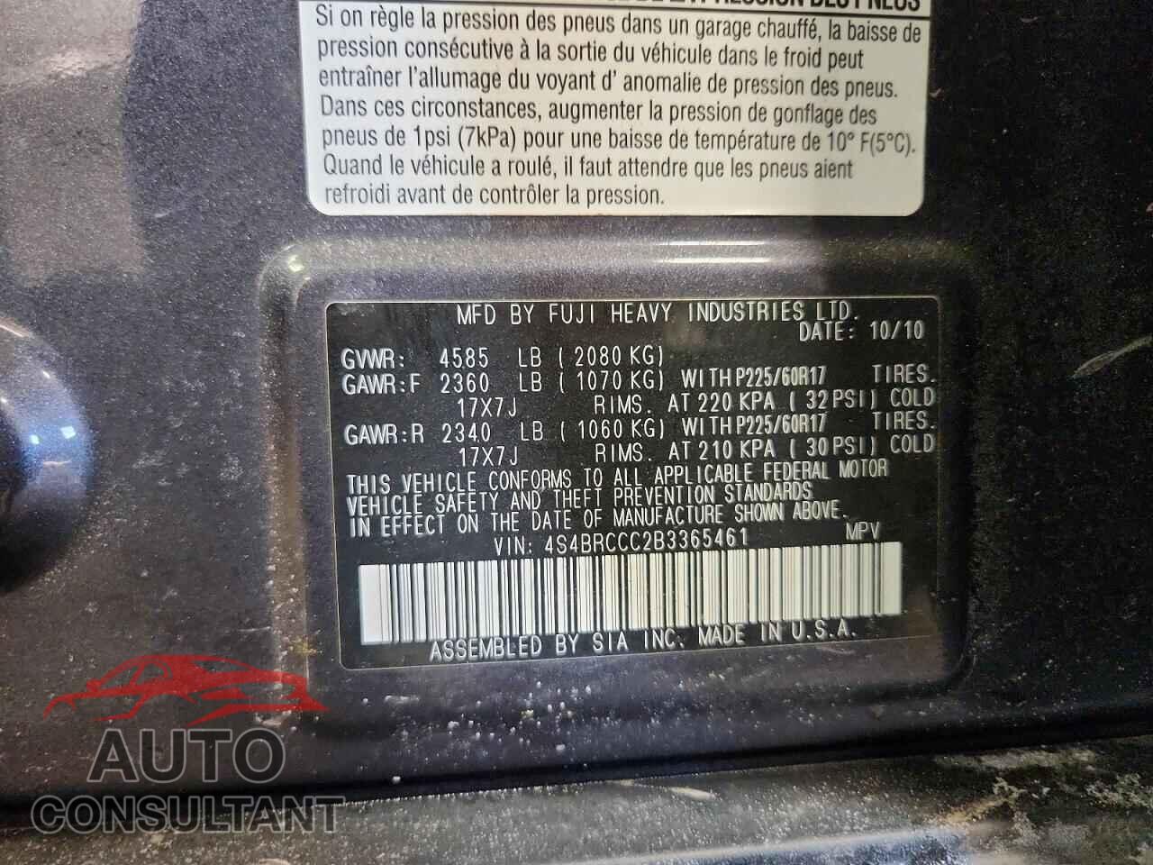 SUBARU OUTBACK 2011 - 4S4BRCCC2B3365461