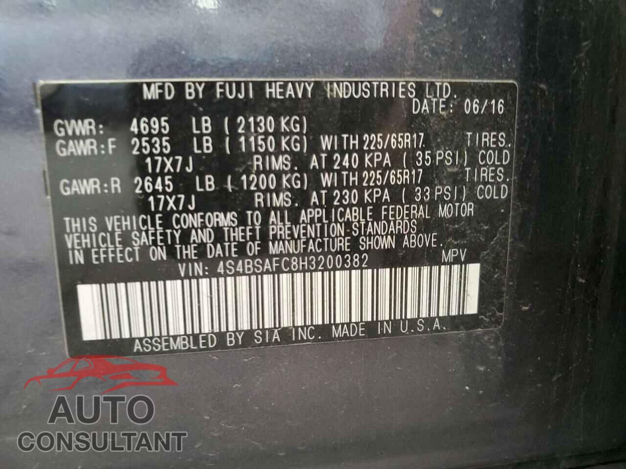 SUBARU OUTBACK 2017 - 4S4BSAFC8H3200382