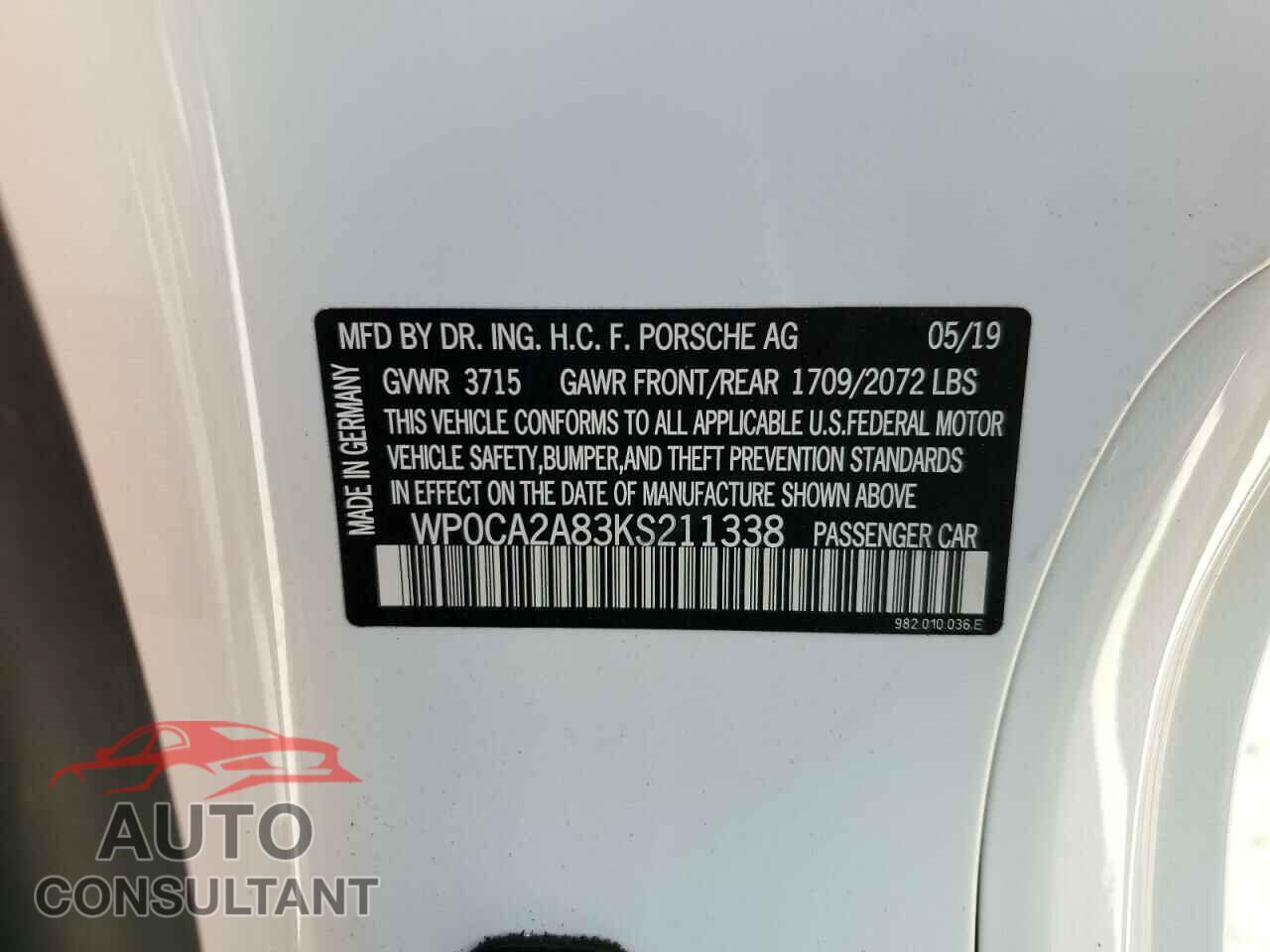 PORSCHE BOXSTER 2019 - WP0CA2A83KS211338