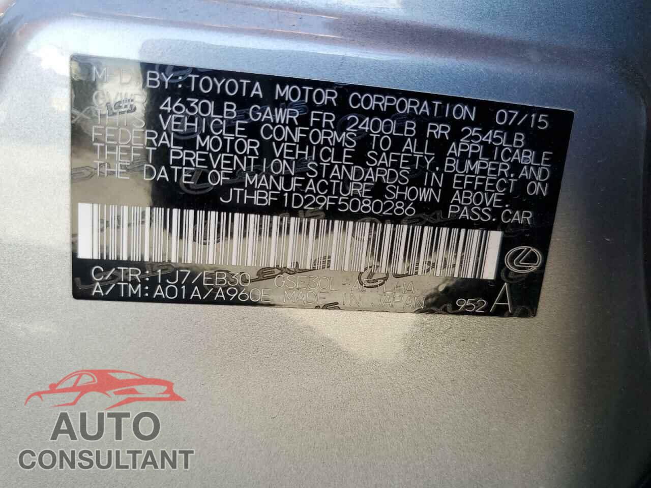 LEXUS IS 2015 - JTHBF1D29F5080286