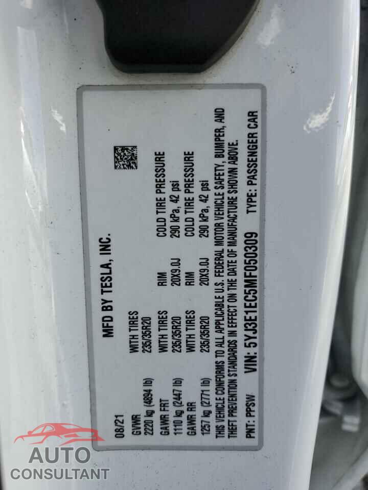 TESLA MODEL 3 2021 - 5YJ3E1EC5MF050309
