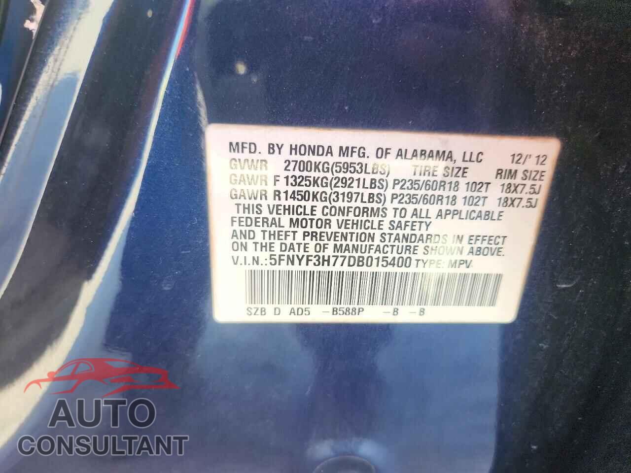 HONDA PILOT 2013 - 5FNYF3H77DB015400