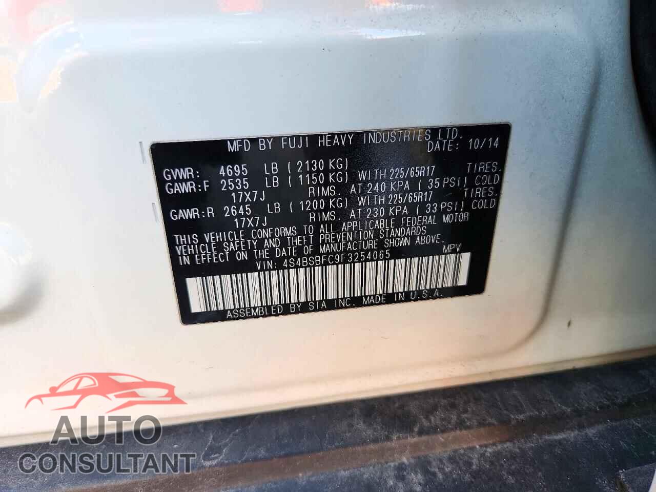 SUBARU OUTBACK 2015 - 4S4BSBFC9F3254065