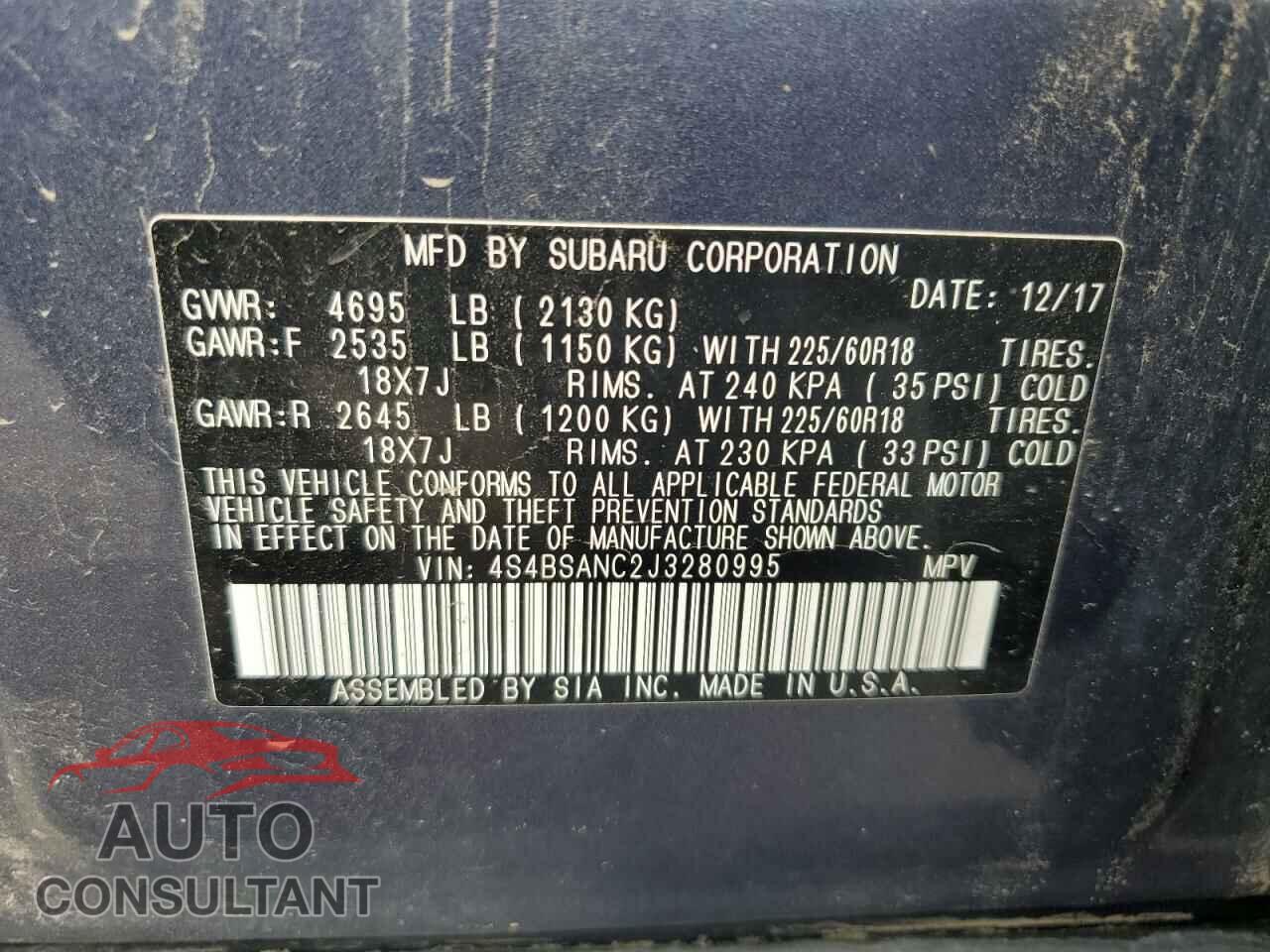 SUBARU OUTBACK 2018 - 4S4BSANC2J3280995