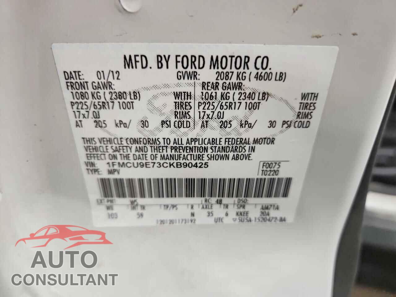 FORD ESCAPE 2012 - 1FMCU9E73CKB90425