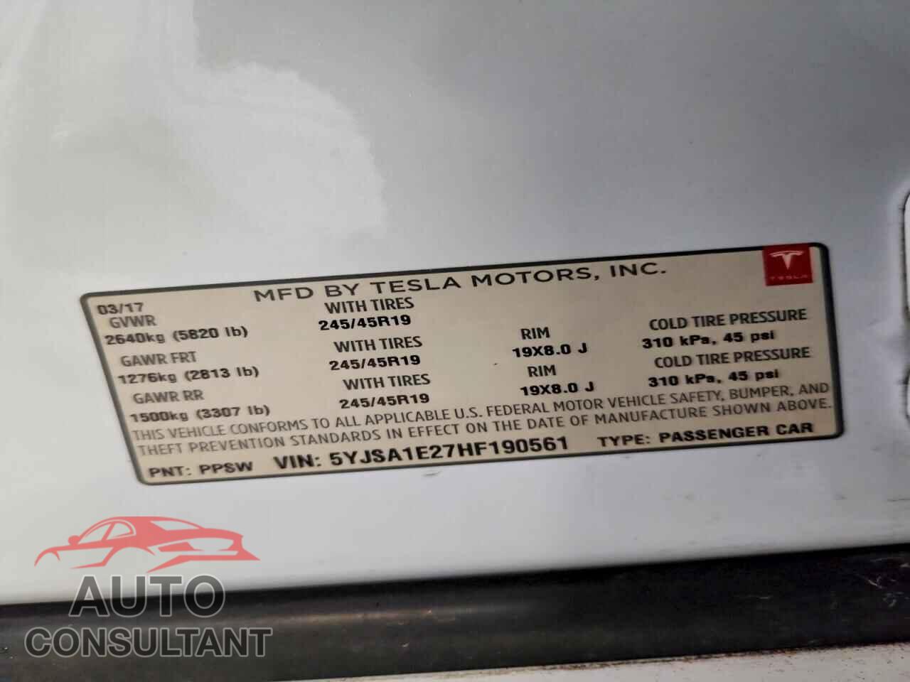 TESLA MODEL S 2017 - 5YJSA1E27HF190561