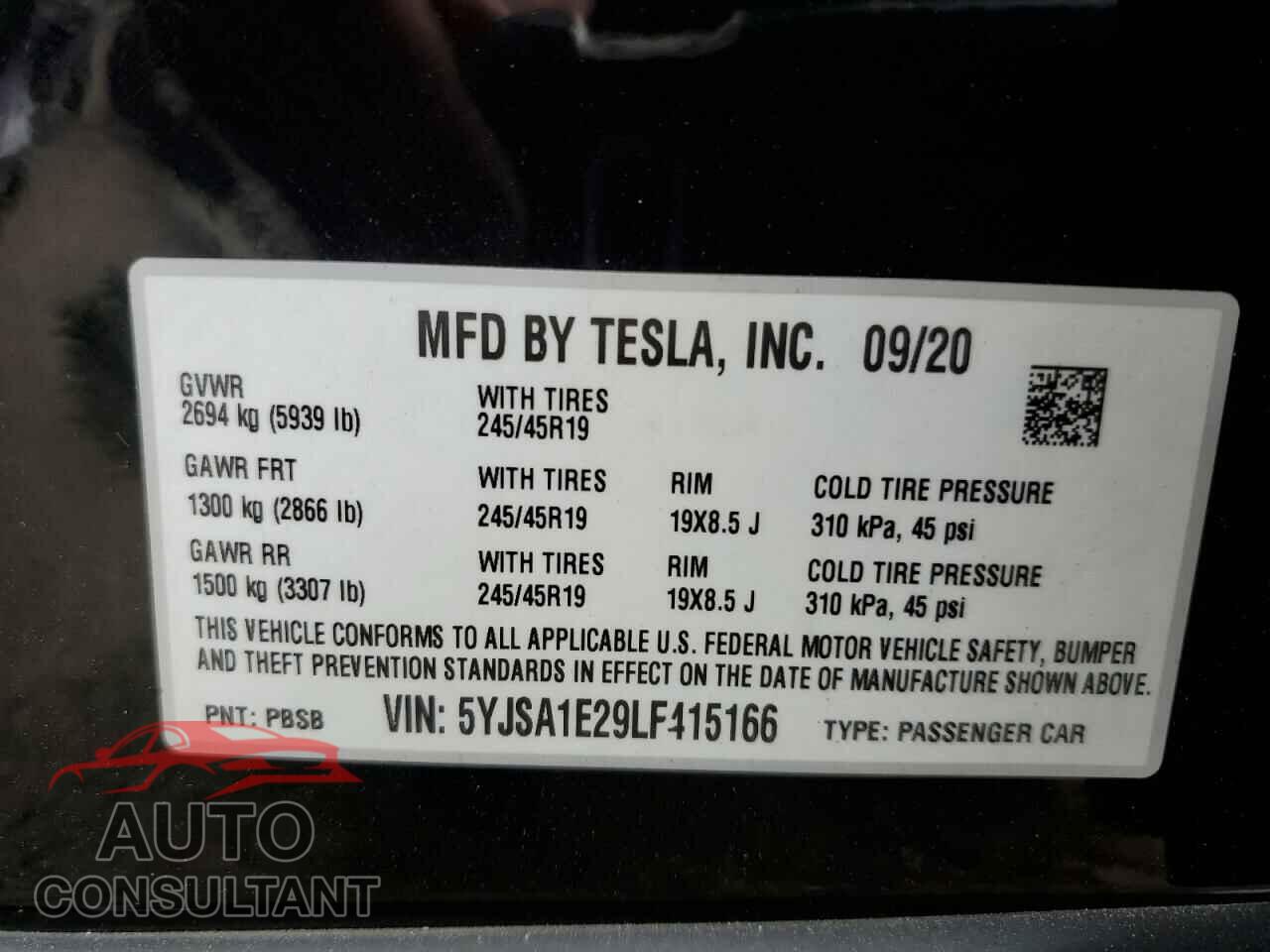 TESLA MODEL S 2020 - 5YJSA1E29LF415166