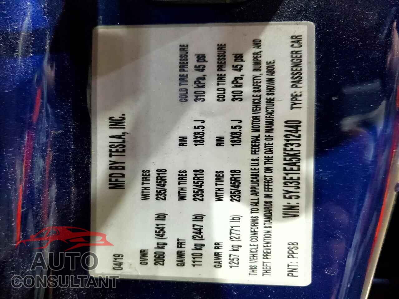 TESLA MODEL 3 2019 - 5YJ3E1EA5KF312440