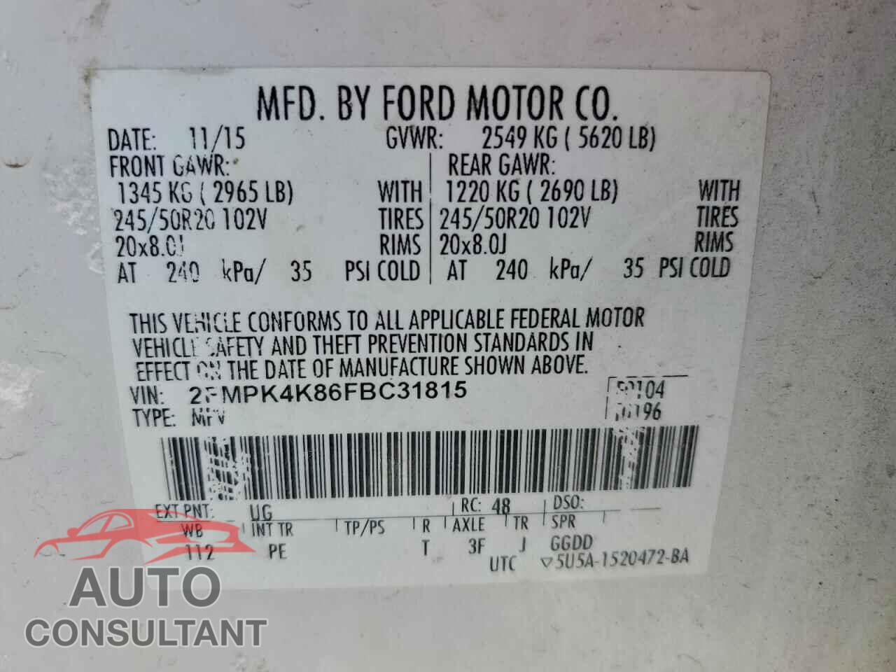 FORD EDGE 2015 - 2FMPK4K86FBC31815