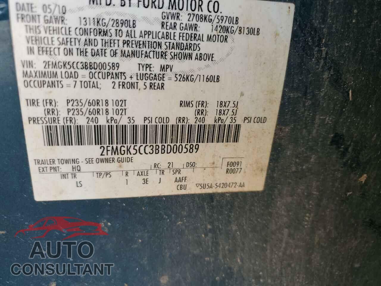 FORD FLEX 2011 - 2FMGK5CC3BBD00589