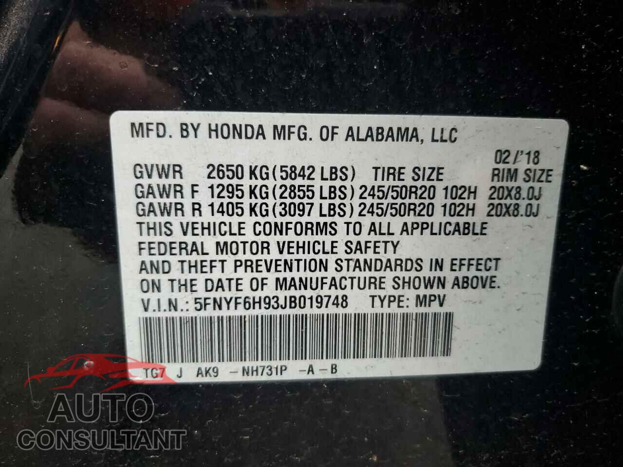 HONDA PILOT 2018 - 5FNYF6H93JB019748