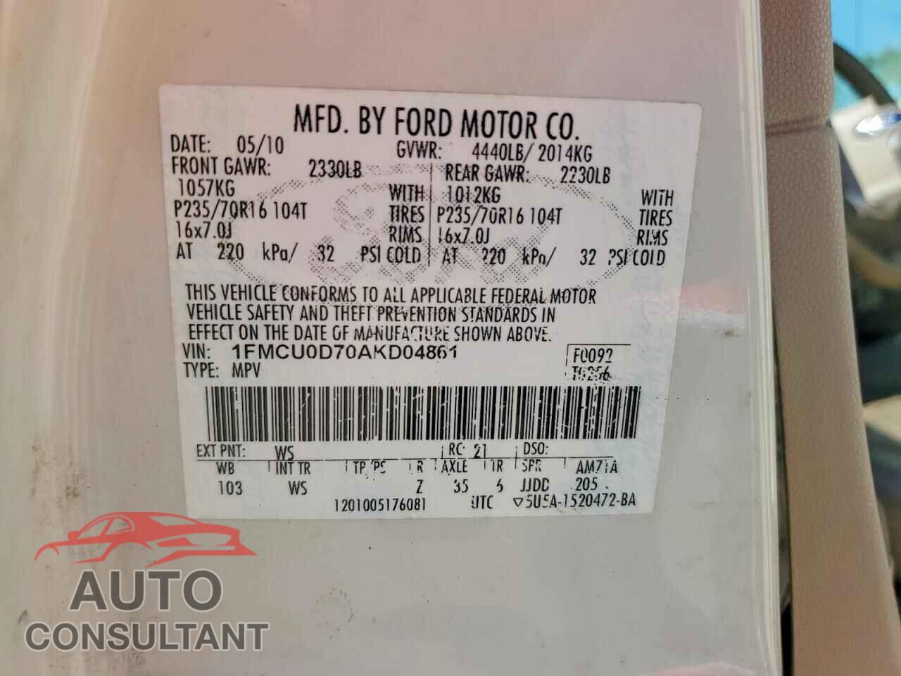 FORD ESCAPE 2010 - 1FMCU0D70AKD04861