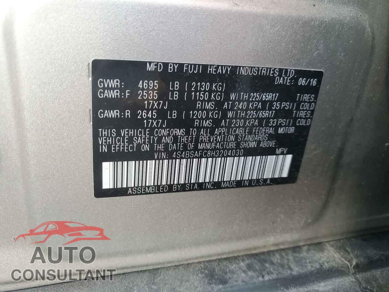 SUBARU OUTBACK 2017 - 4S4BSAFC8H3204030