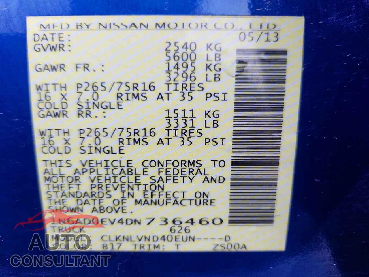 NISSAN FRONTIER 2013 - 1N6AD0EV4DN736460