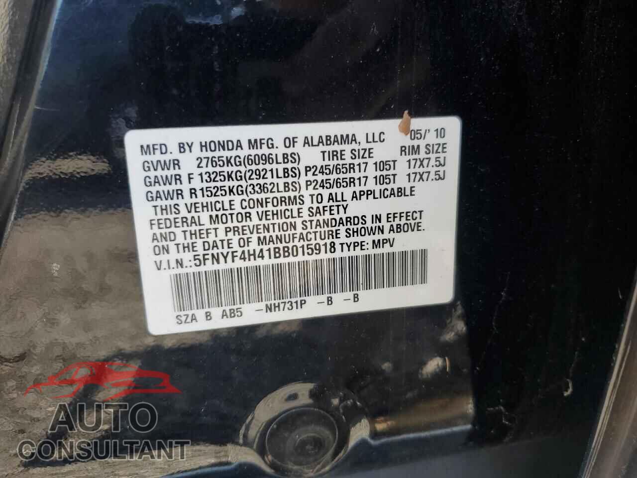 HONDA PILOT 2011 - 5FNYF4H41BB015918