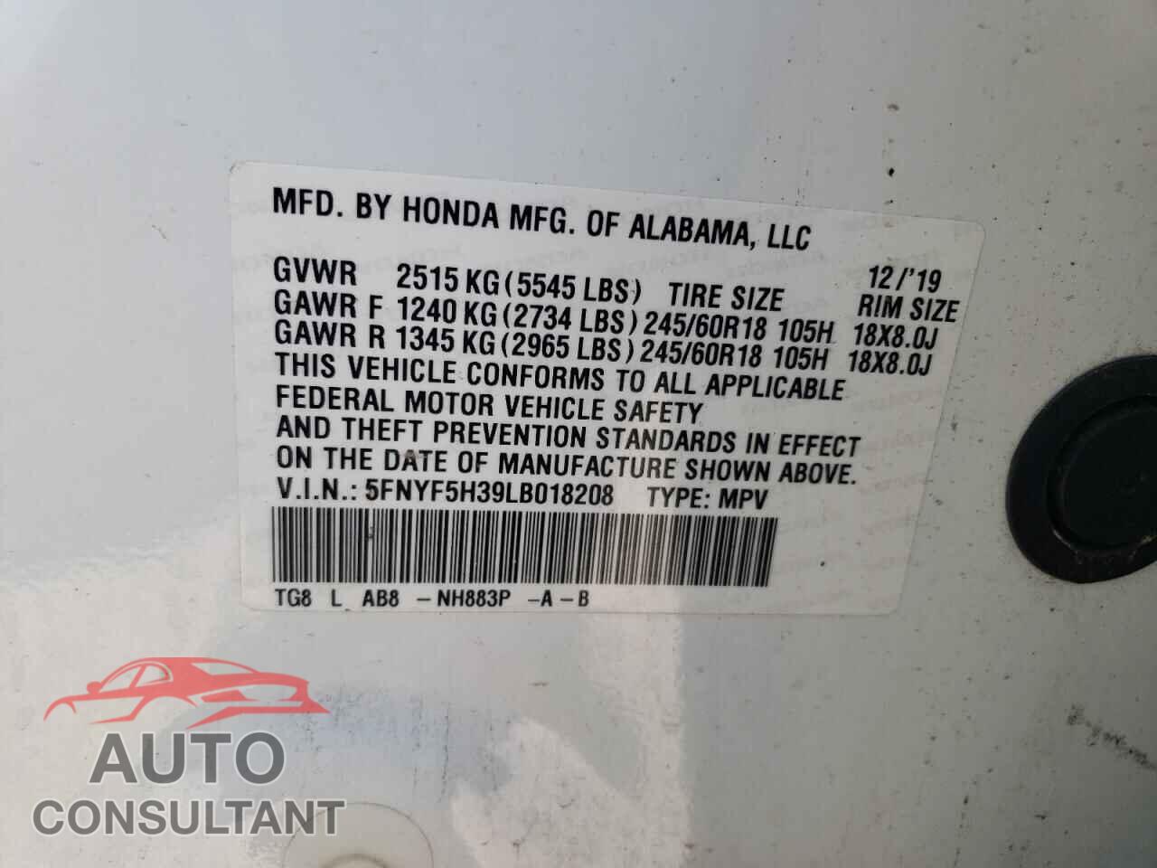HONDA PILOT 2020 - 5FNYF5H39LB018208