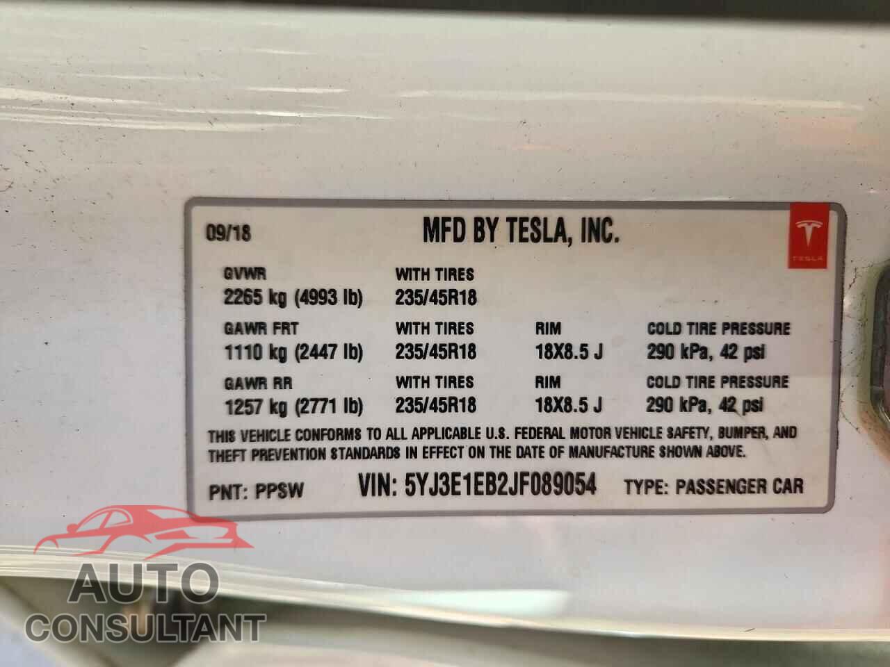 TESLA MODEL 3 2018 - 5YJ3E1EB2JF089054
