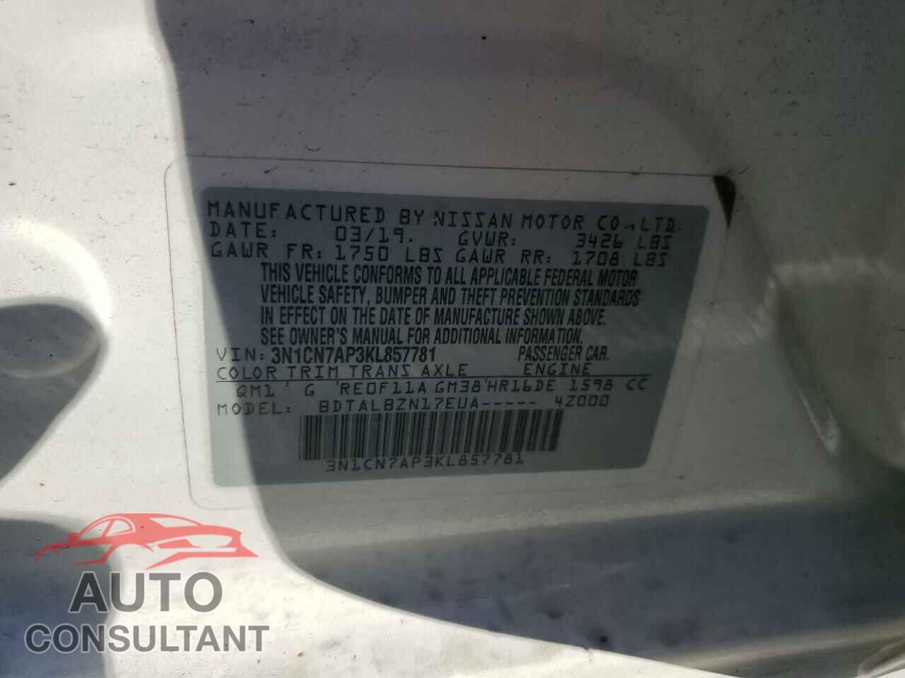 NISSAN VERSA 2019 - 3N1CN7AP3KL857781