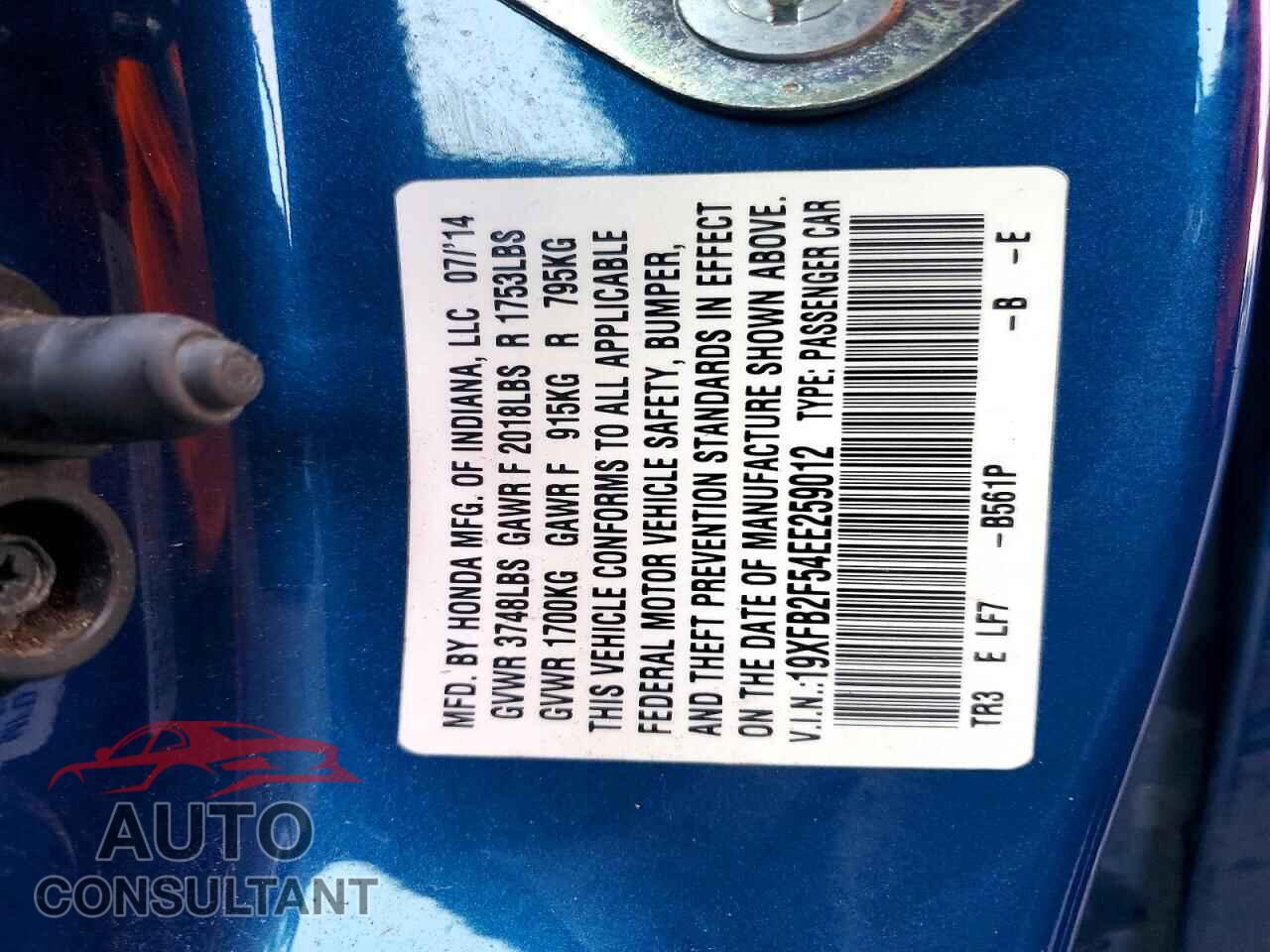HONDA CIVIC 2014 - 19XFB2F54EE259012