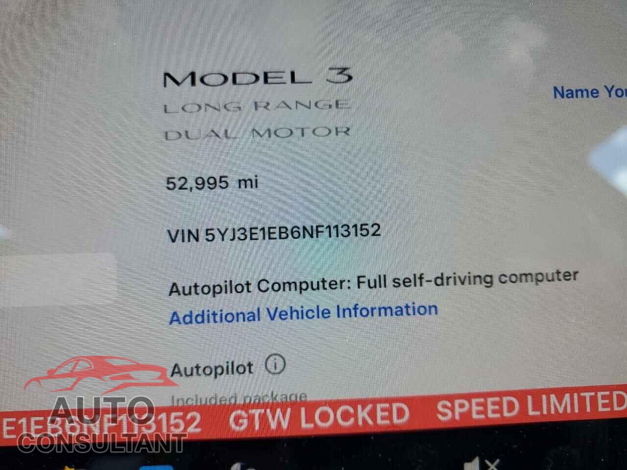 TESLA MODEL 3 2022 - 5YJ3E1EB6NF113152