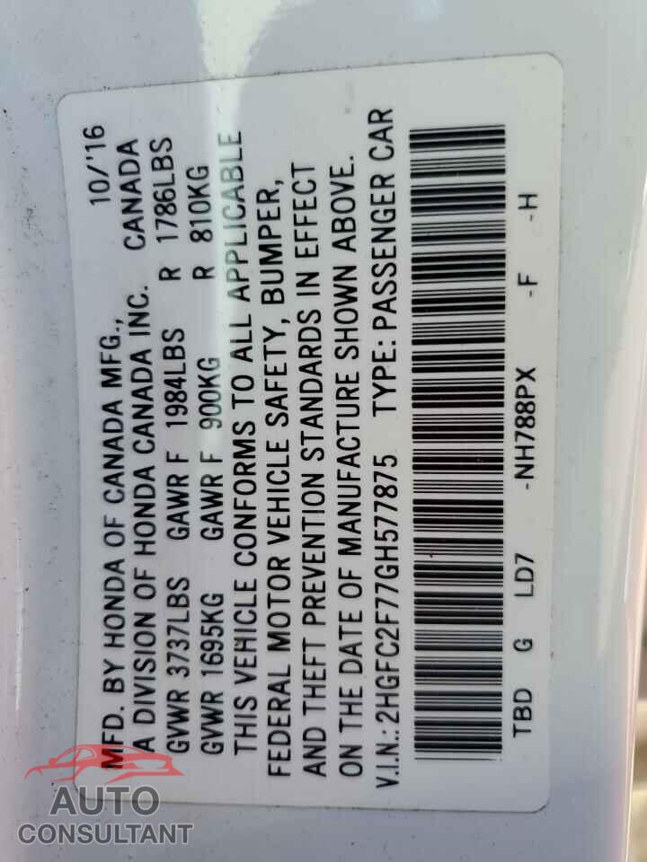 HONDA CIVIC 2016 - 2HGFC2F77GH577875
