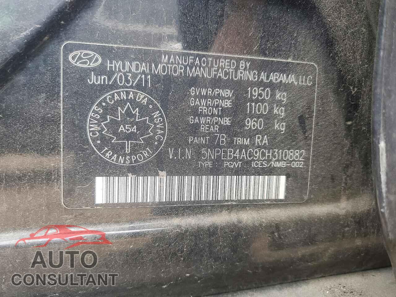 HYUNDAI SONATA 2012 - 5NPEB4AC9CH310882
