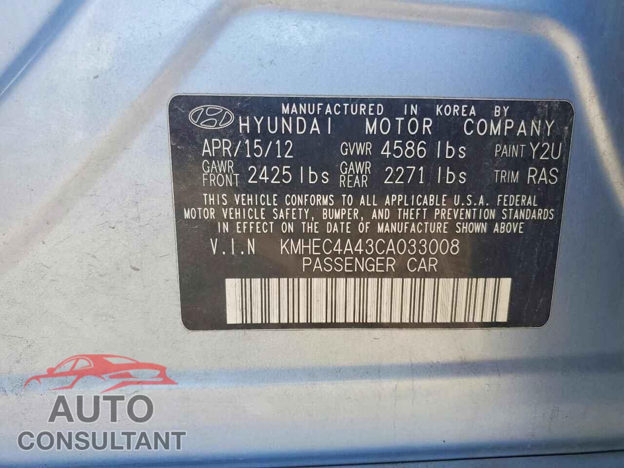 HYUNDAI SONATA 2012 - KMHEC4A43CA033008