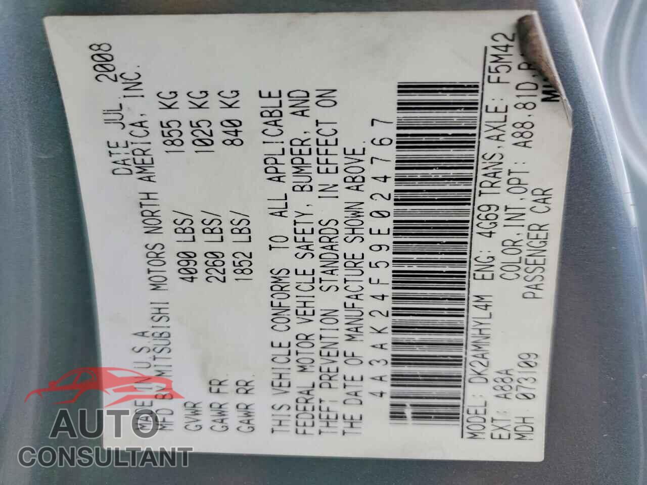 MITSUBISHI ECLIPSE 2009 - 4A3AK24F59E024767