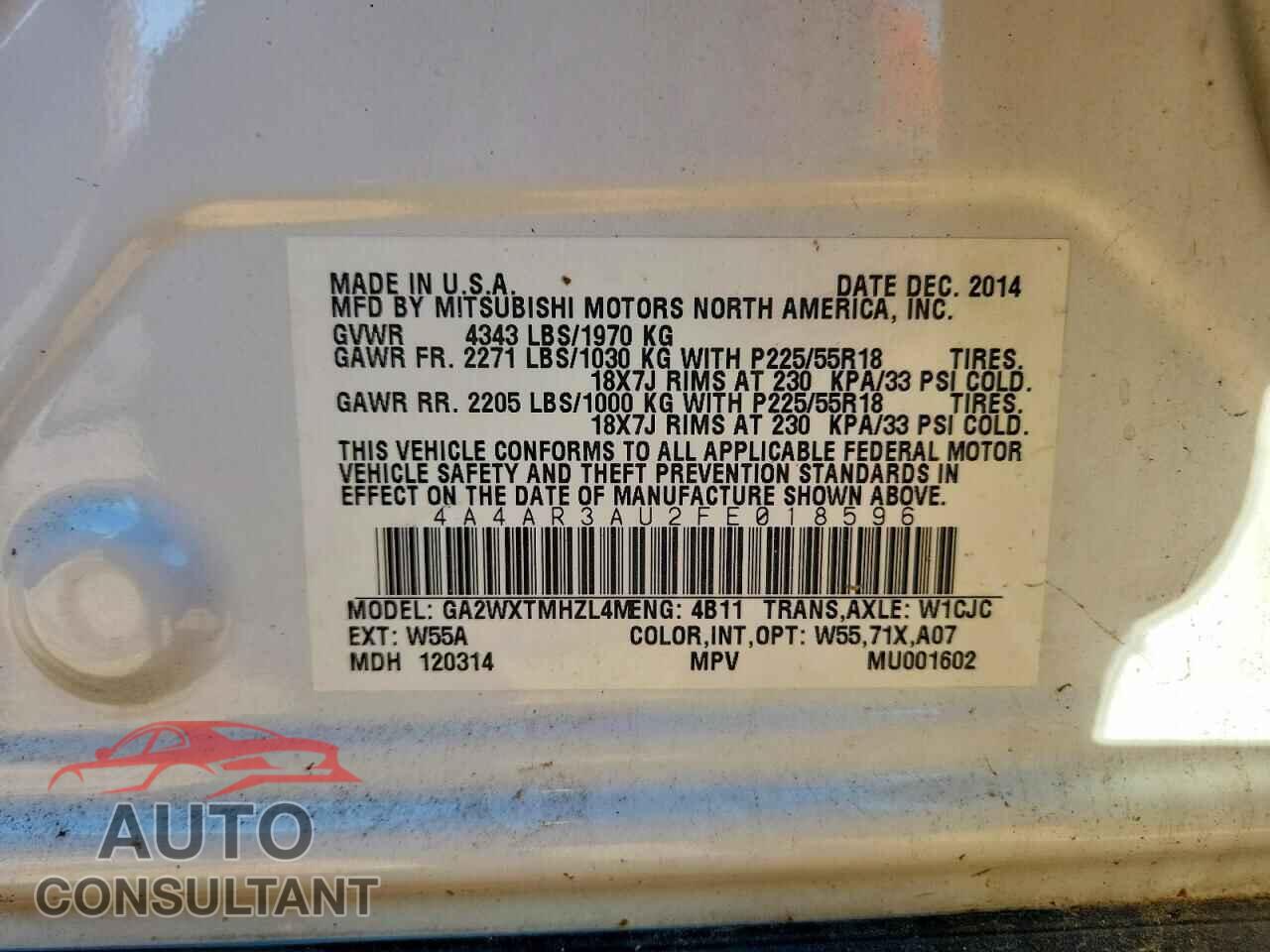 MITSUBISHI OUTLANDER 2015 - 4A4AR3AU2FE018596