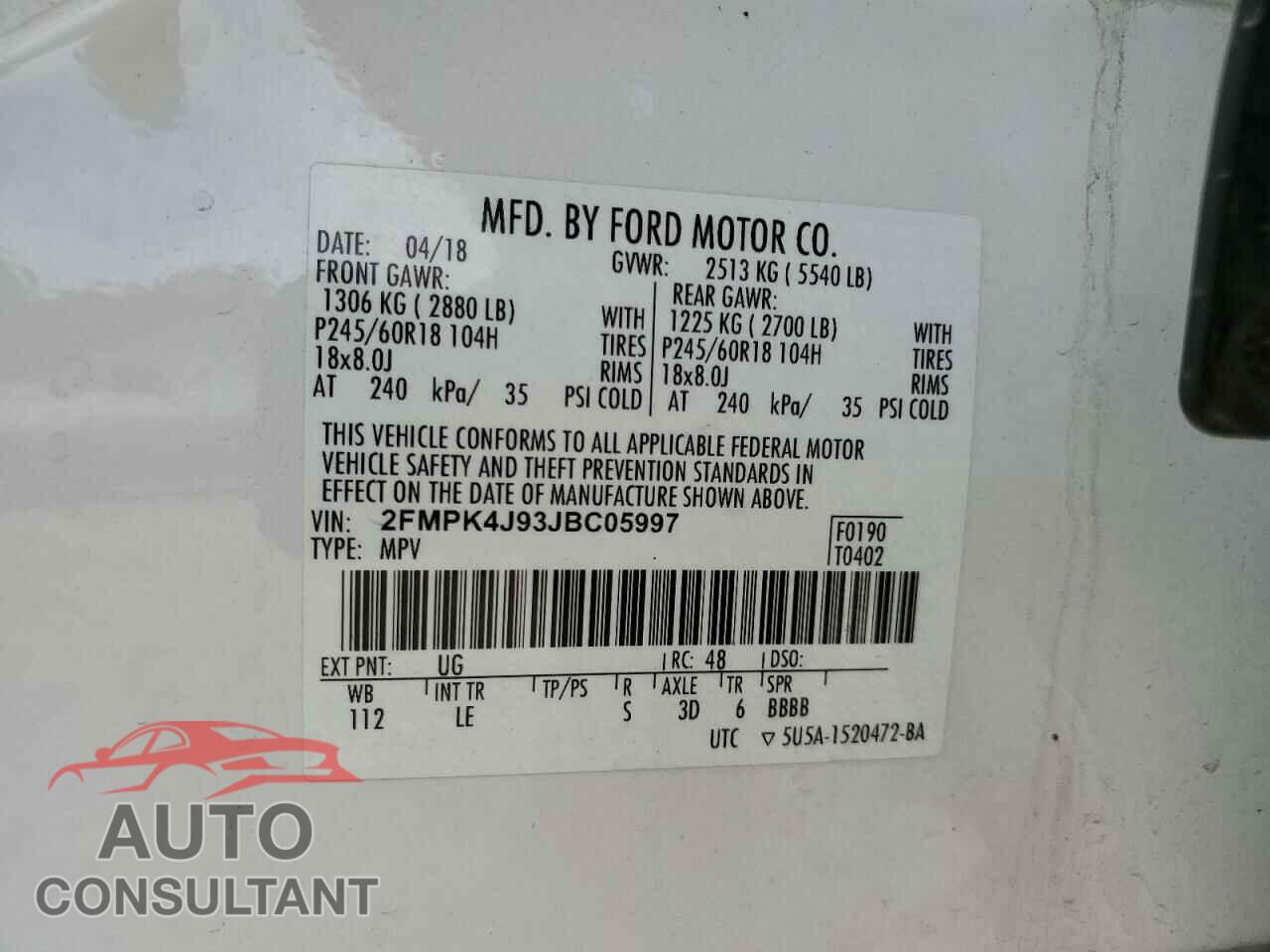 FORD EDGE 2018 - 2FMPK4J93JBC05997