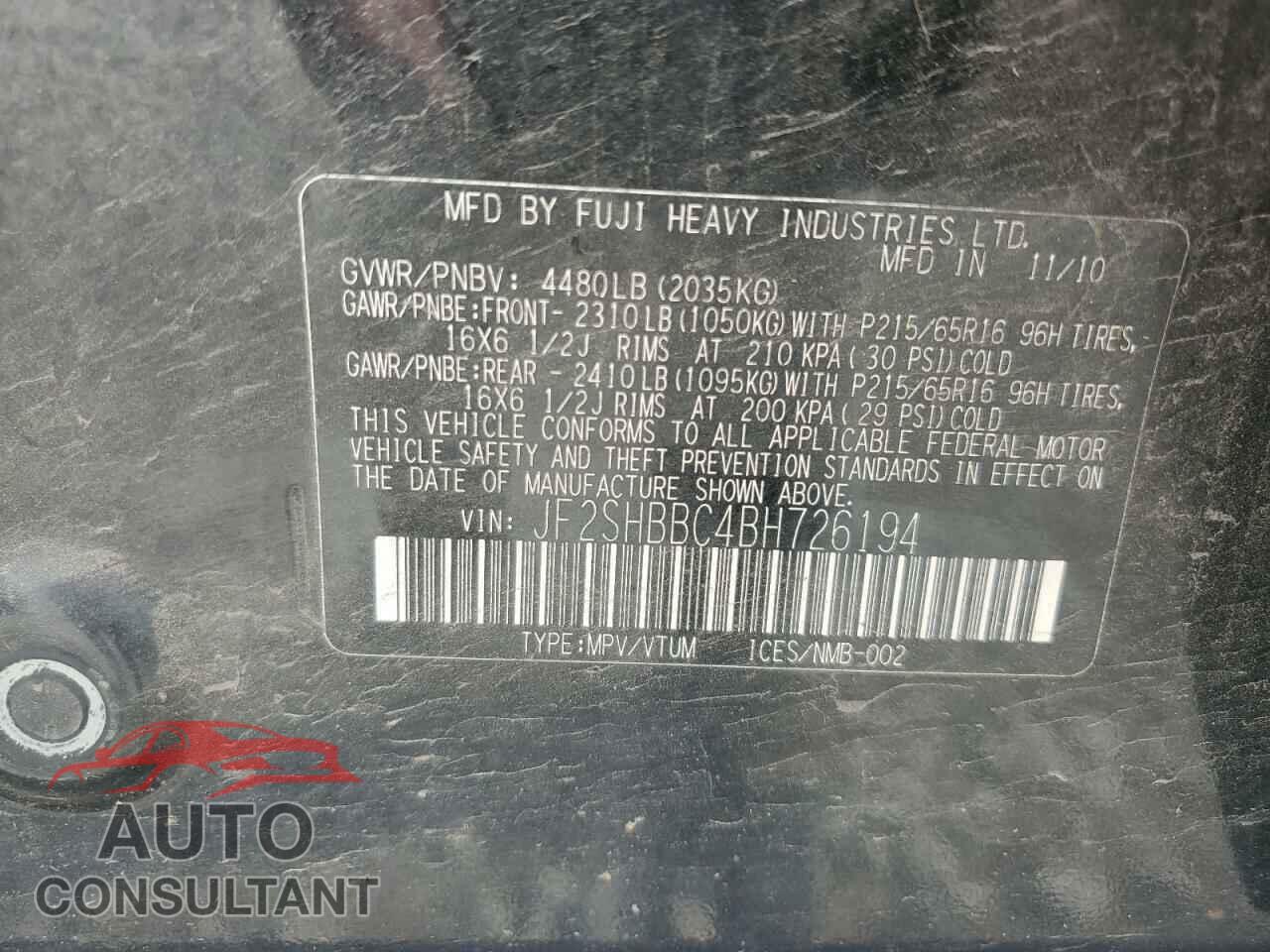 SUBARU FORESTER 2011 - JF2SHBBC4BH726194