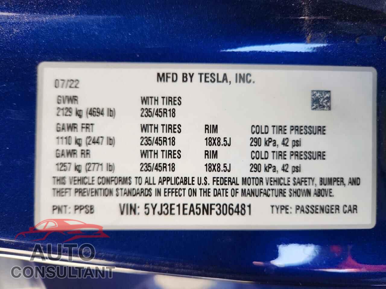 TESLA MODEL 3 2022 - 5YJ3E1EA5NF306481