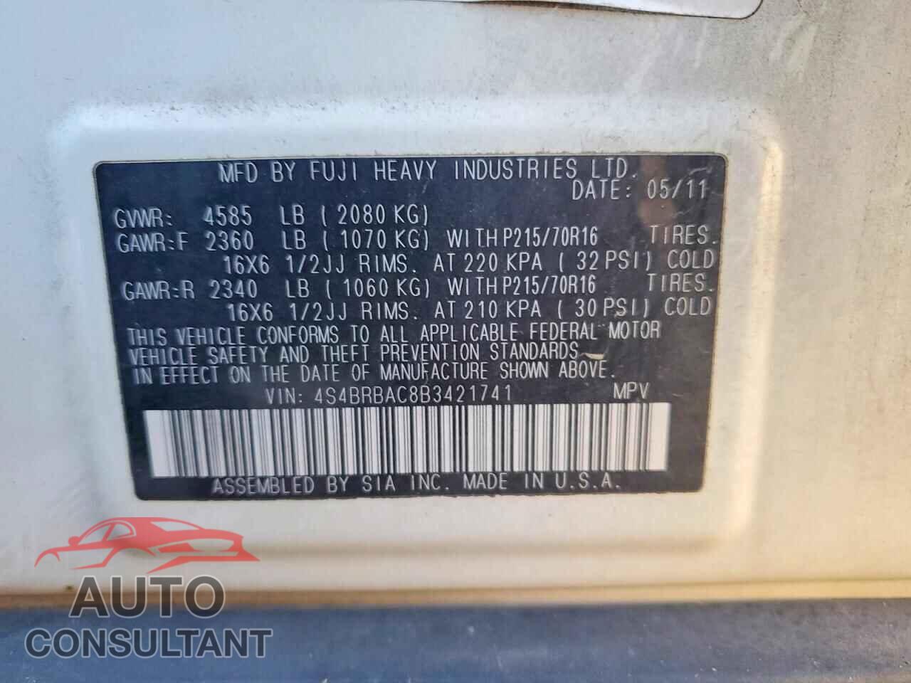 SUBARU OUTBACK 2011 - 4S4BRBAC8B3421741