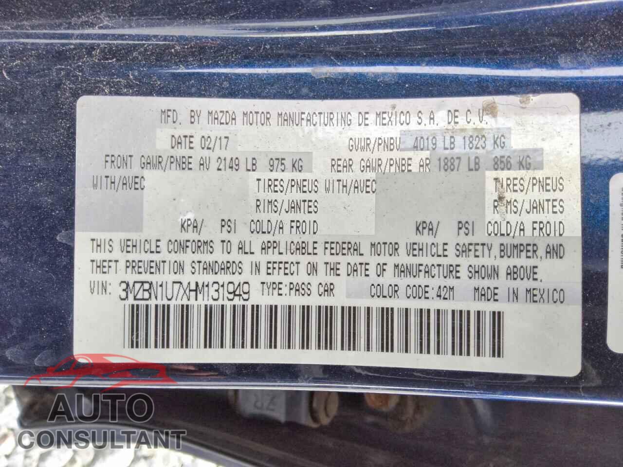 MAZDA 3 2017 - 3MZBN1U7XHM131949